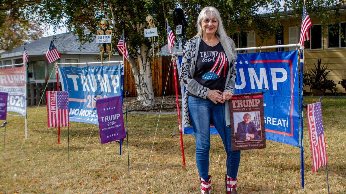Ronnarae Cowell, 71, and her ex-boyfriend Kern Gauntt, 69, decorated her yard in Richland with Trump signs and skeletons labeled as Joe Biden, Nancy Pelosi and Kamala Harris. Cowell says the skeletons are not intended to be political or a hate message. “We’re not here to do anything but say we are here for Trump,” she said.