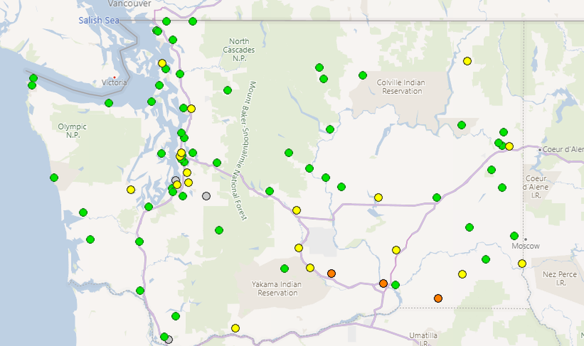 Friday afternoon the air quality in the Tri-Cities was considered “unhealthy for sensitive groups” as indicated by the orange dot. Yellow indicated “moderate” and green indicated “good” air quality.