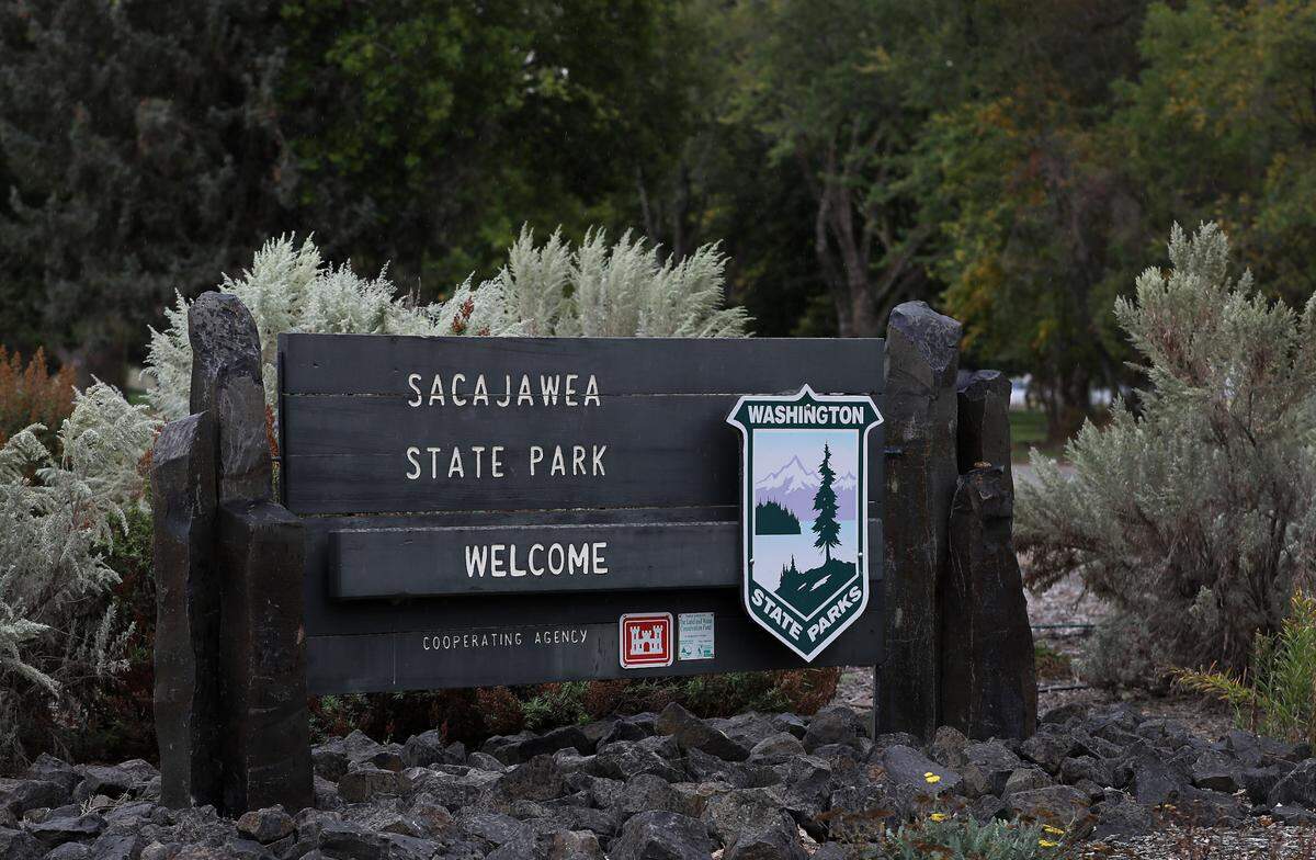 Sacajawea State Park sign in Pasco, located at the confluence of the Snake and Columbia Rivers.
