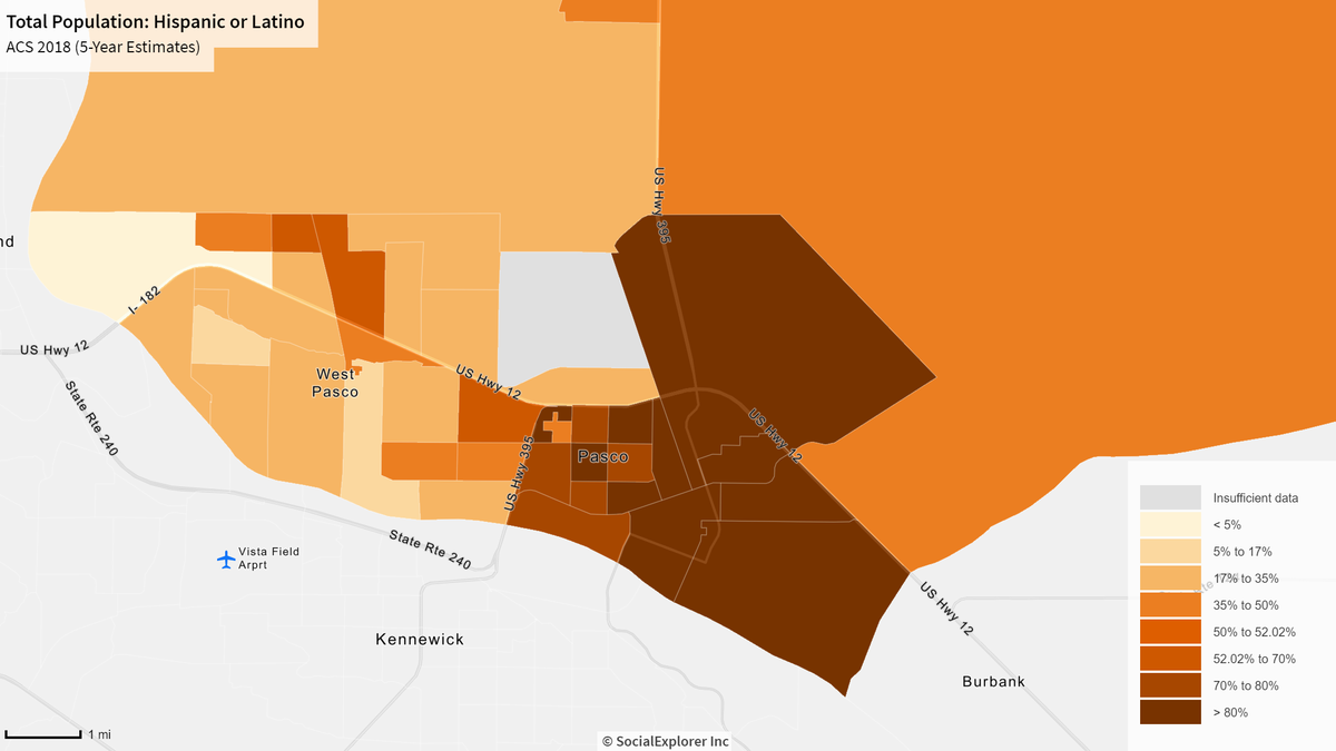 US Census data laid out across a precinct map of Pasco shows the precincts east of Highway 395 are a majority Latino.
