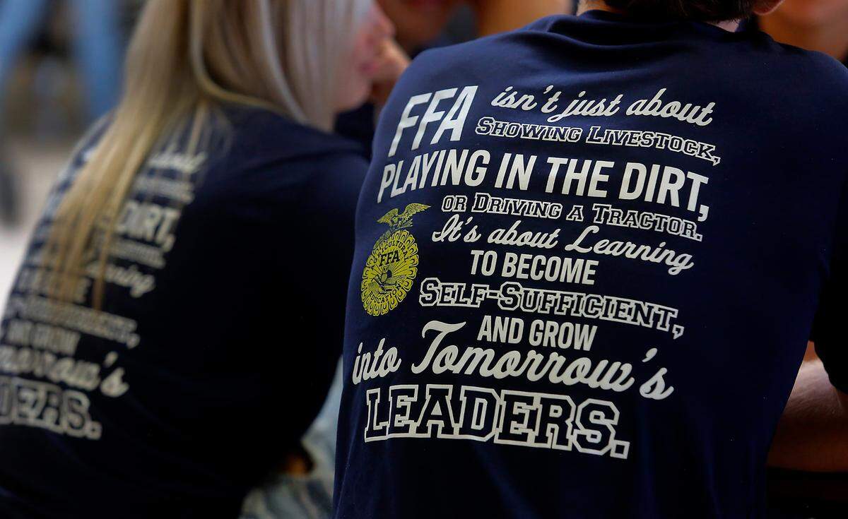 A high school FFA student wears a t-shirt describing the organization during the recent Washington FFA Evergreen Tour stop in Burbank, WA.