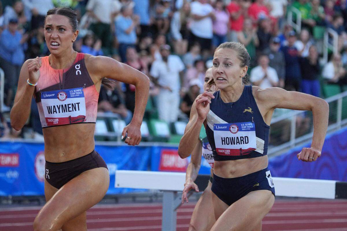 Jun 27, 2024; Eugene, OR, USA; Courtney Wayment (left) and Marisa Howard place second and third in the women's steeplechase in 9:06.50 and 9:07.14 during the US Olympic Team Trials at Hayward Field. Mandatory Credit: Kirby Lee-USA TODAY Sports