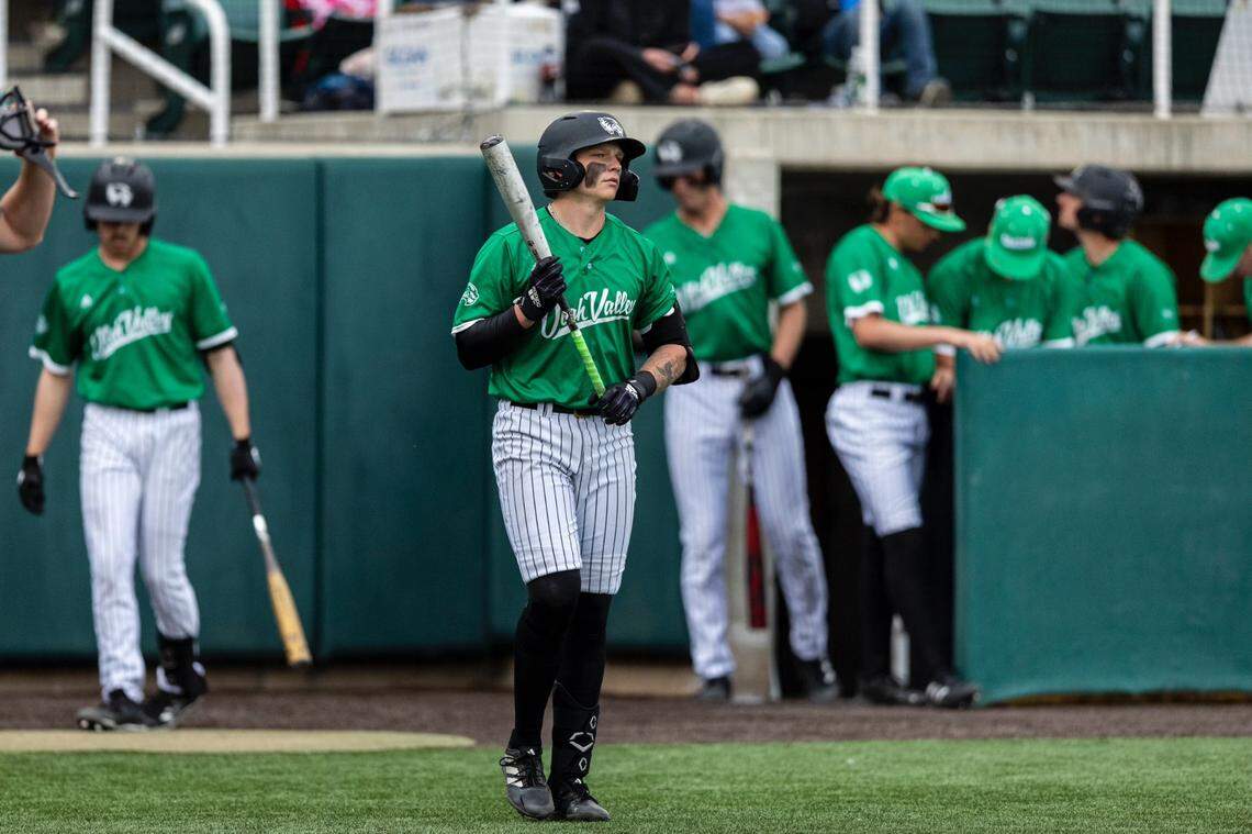 Utah Valley University’s Danny Dickinson goes to bat against Utah Tech on the campus of Utah Valley University Orem, Utah, in April 2023.