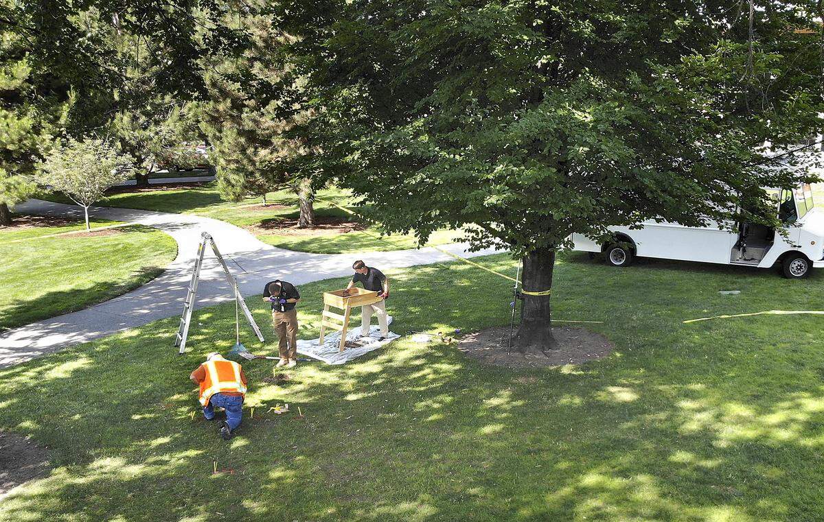 Richland police were helped by a city surveyor look for evidence in Howard Amon Park after the July 4, 2018, shooting.