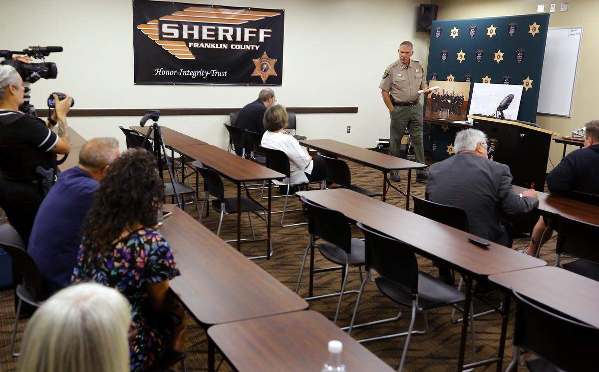 Franklin County Sheriff Jim Raymond holds a news conference Monday at the sheriff’s office in Pasco.