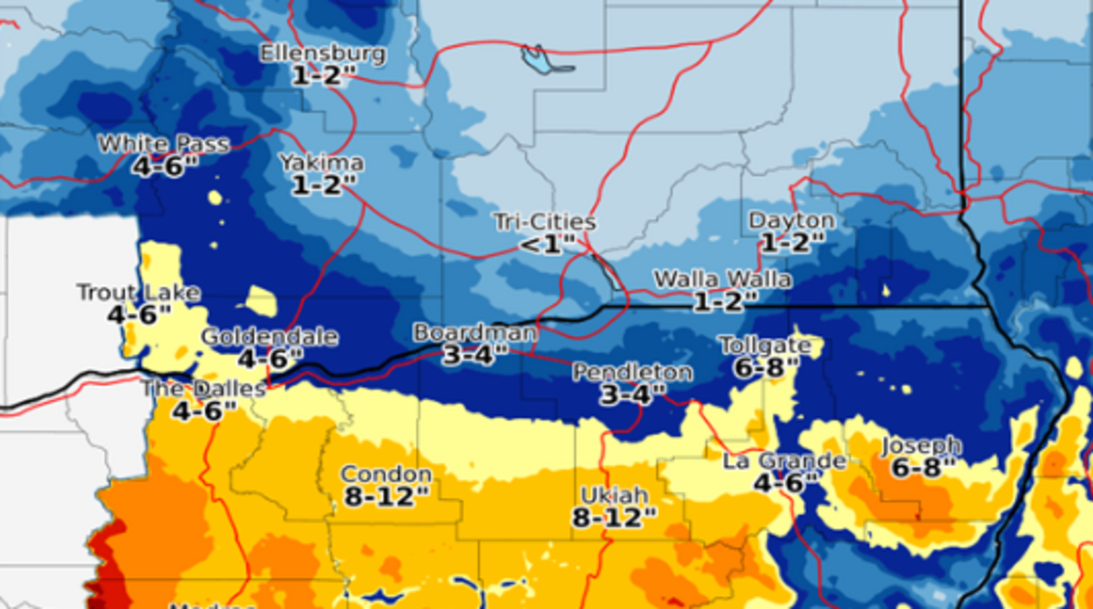 Snow is expected to fall mostly south of the Tri-Cities from Saturday afternoon through early Monday morning. Expected snow totals are shown.