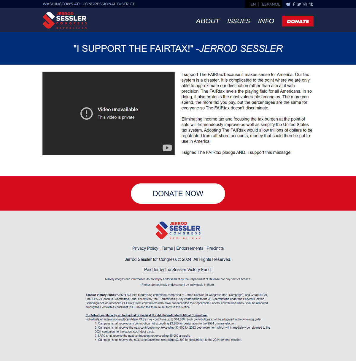 Friday, Oct. 11, screenshot of a Jerrod Sessler for Congress webpage showing support for the 2023 FairTax Act, which aims to simplify the U.S. tax system by ending federal taxes on income and payroll in exchange for a blanket 23% sales tax.