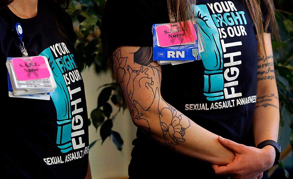 Emergency room nurses at Kadlec Regional Medical Center in Richland wear t-shirts calling attention to Sexual Assualt Awareness month. They are part of the Sexual Assault Nurse Examiner (S.A.N.E.) program that trains nurses to provide comprehensive care to survivors of sexual assault. There are currently 20 trained nurses in the emergency room.