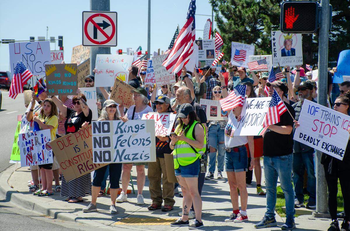 Thousands gathered Saturday, June 14, along Columbia Center Boulevard in Kennewick, Washington, for the nationwide “No Kings” protest. They demonstrated against President Donald Trump’s policies and against arrests made in the Hispanic community by U.S. Immigration and Customs Enforcement, or ICE.