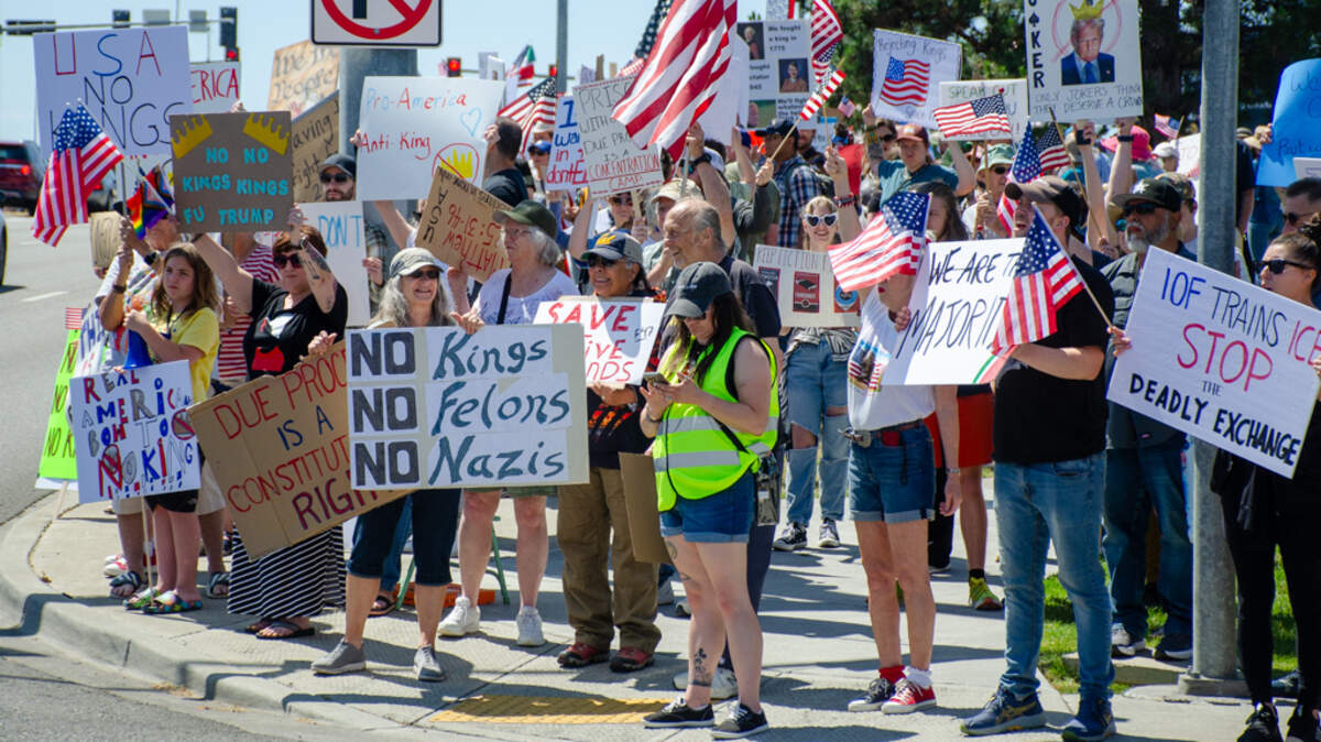 Thousands gathered June 14, along Columbia Center Boulevard in Kennewick, Wash., for the nationwide “No Kings” protest. They demonstrated against President Donald Trump’s policies and against arrests made in the Hispanic community by U.S. Immigration and Customs Enforcement, or ICE. 