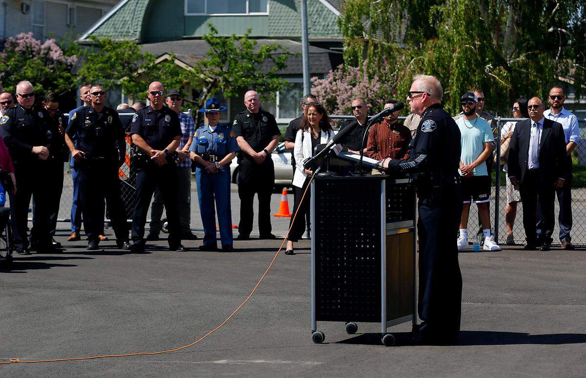 Pasco Police Chief Ken Roske speaks at the grand opening ceremony of the Pasco campus of the Regional Police Department Training Center.