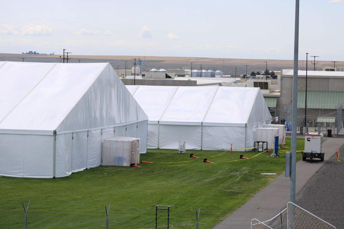 Temporary tents in the yard of the Coyote Ridge prison in Connell because of the outbreak.