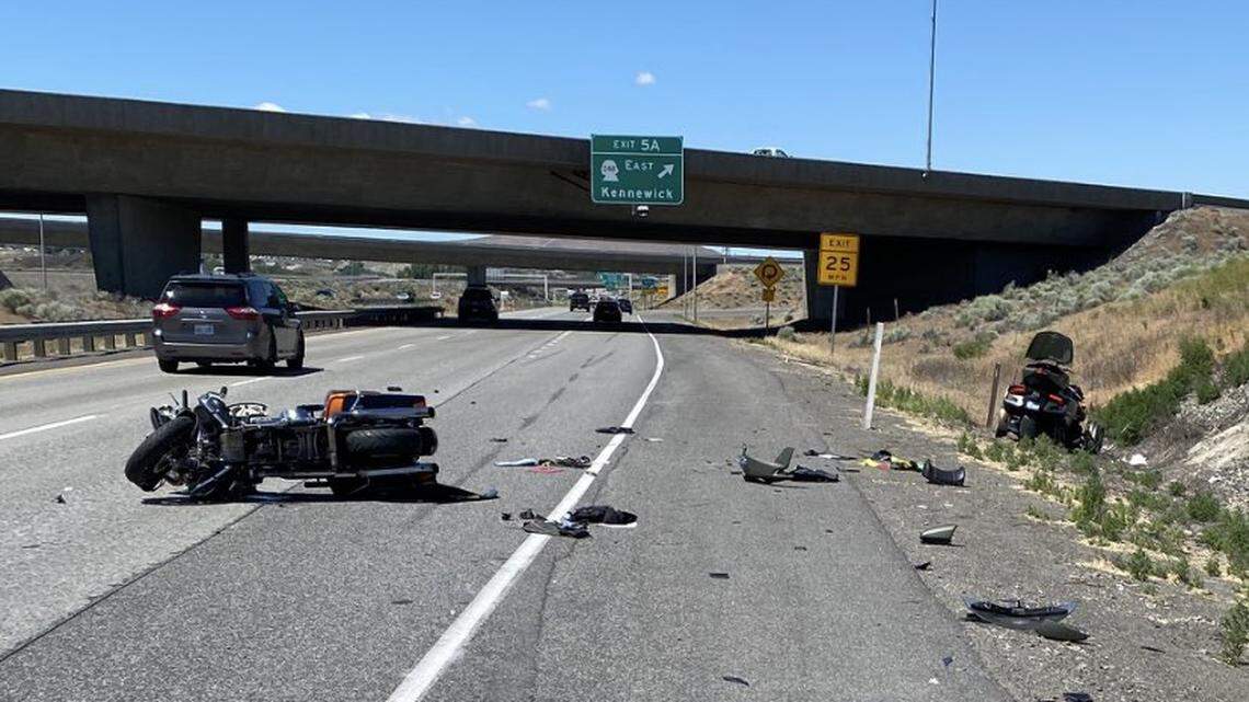 Two motorcycle riders were injured after losing control due to a potato sludge spill on Interstate 182 in Richland on Thursday.