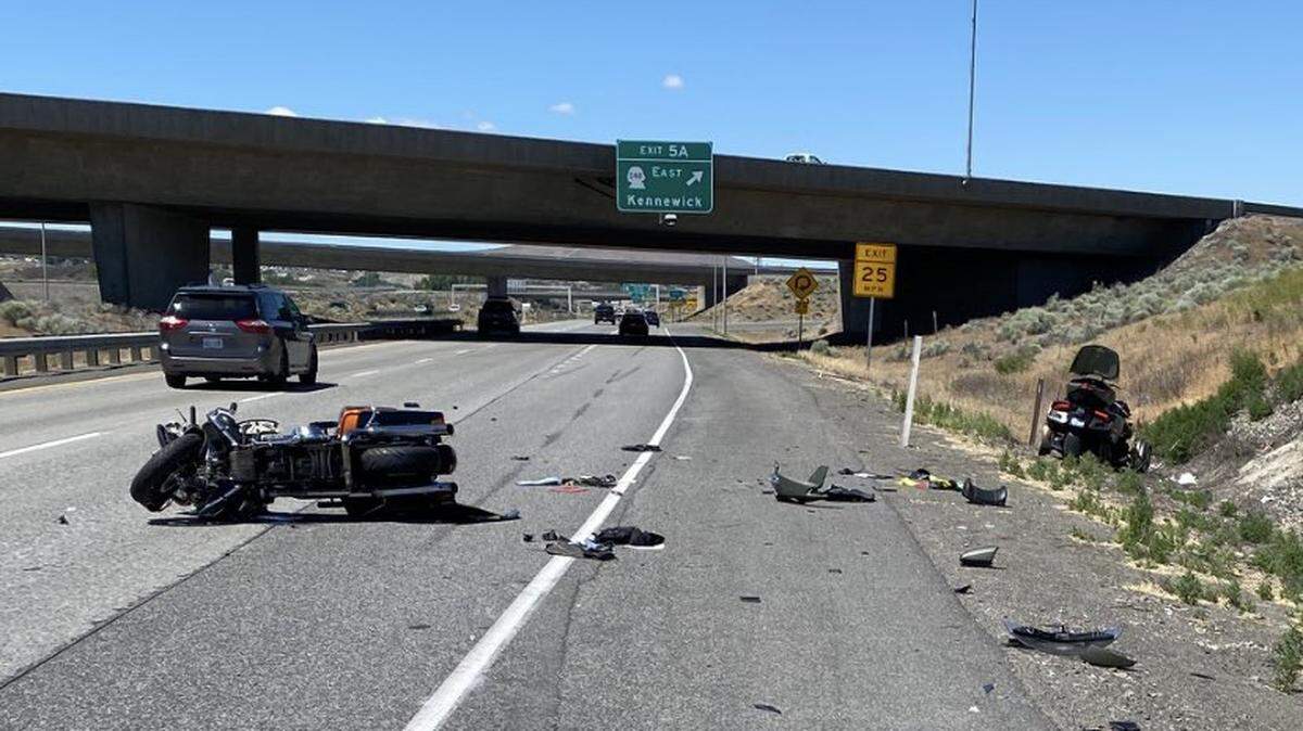 Two motorcycle riders were injured after losing control due to a potato sludge spill on Interstate 182 in Richland on Thursday.