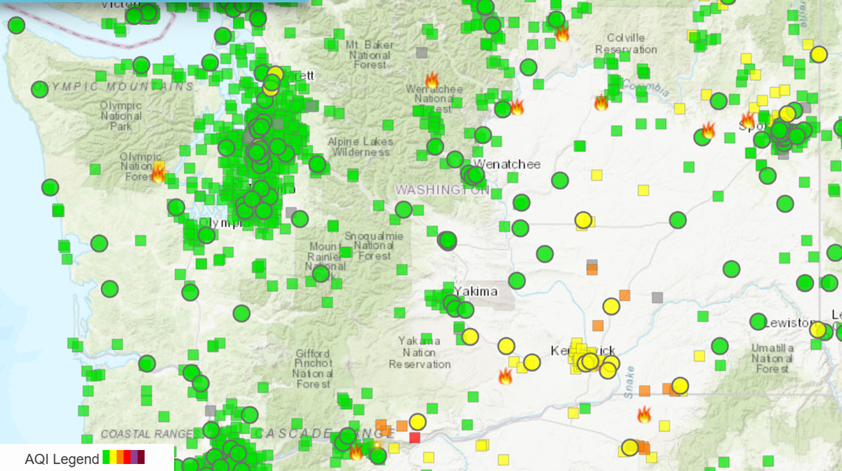 The Washington state Department of Ecology shows some air quality readings in the Tri-Cities and nearby areas as moderate (yellow) to unsafe for sensitive populations (orange).