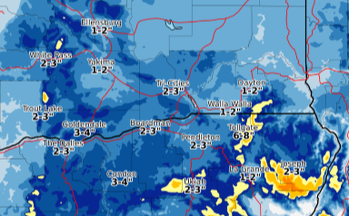 Here are the possible snow totals for eastern Washington and Oregon from Tuesday night through Thursday morning.