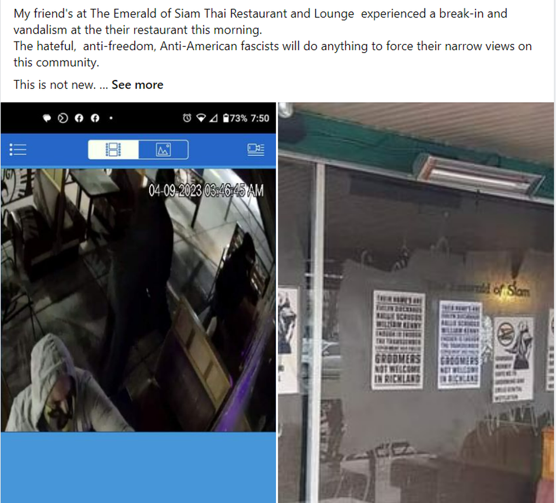 A Facebook post in a Richland community group shows images from the Emerald of Siam being vandalized overnight Sunday with anti-transgender posters.