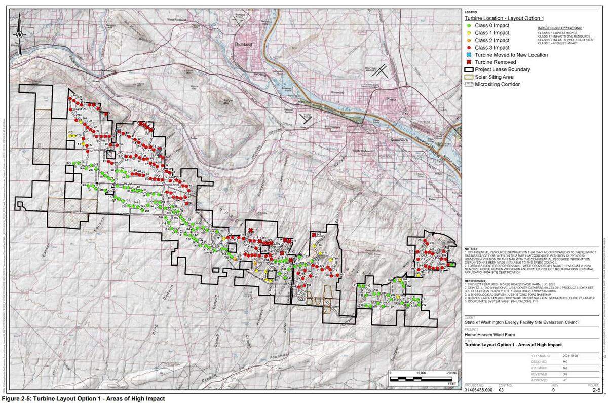 A map shows red dots where 116 of 222 proposed turbines up to 500 feet tall would be prohibited, under an initial recommendation that Washington Gov. Jay Inslee rejected.