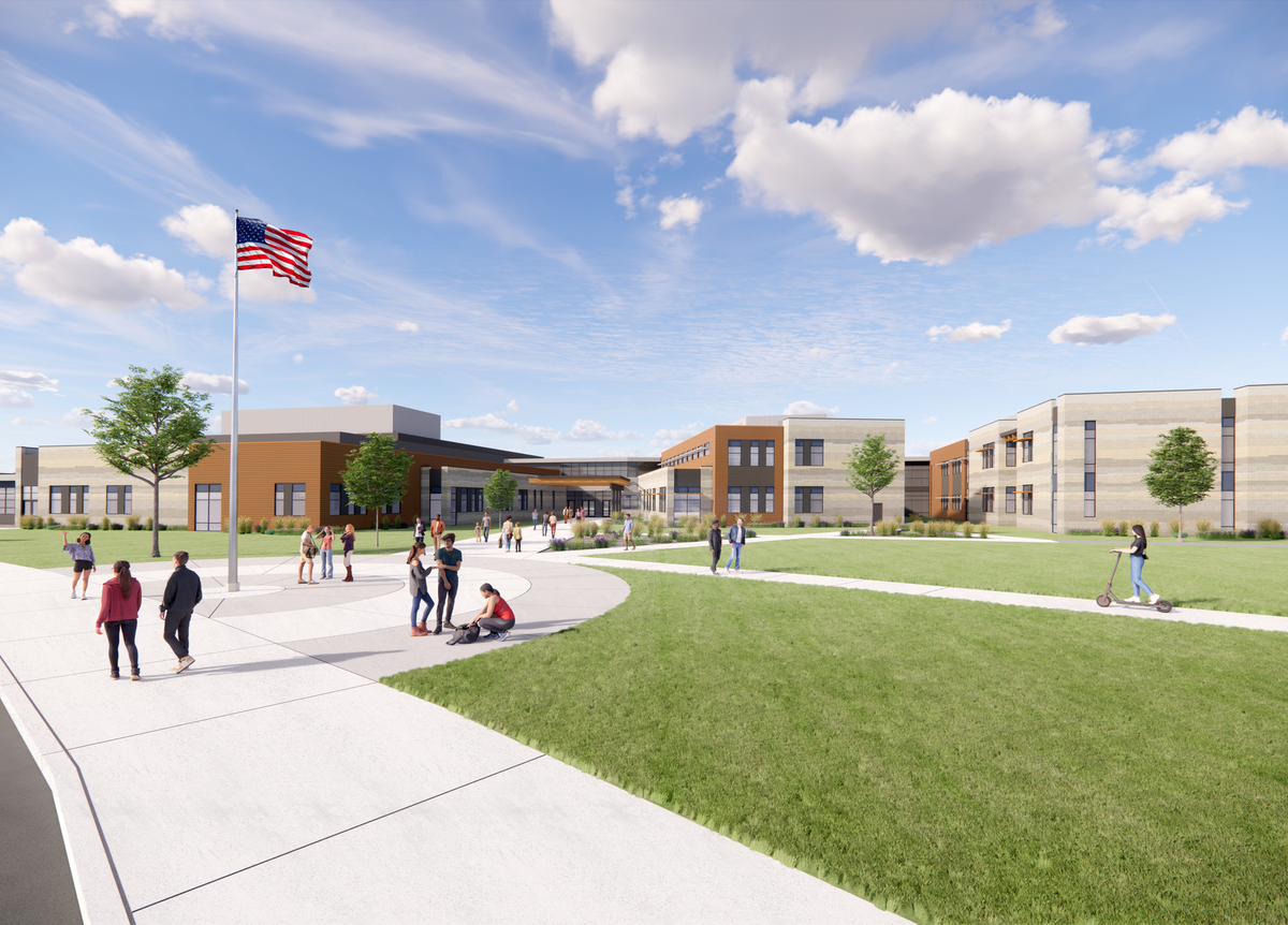 A rendering shows what Pasco School District’s third comprehensive high school, Harvest View, might look like.