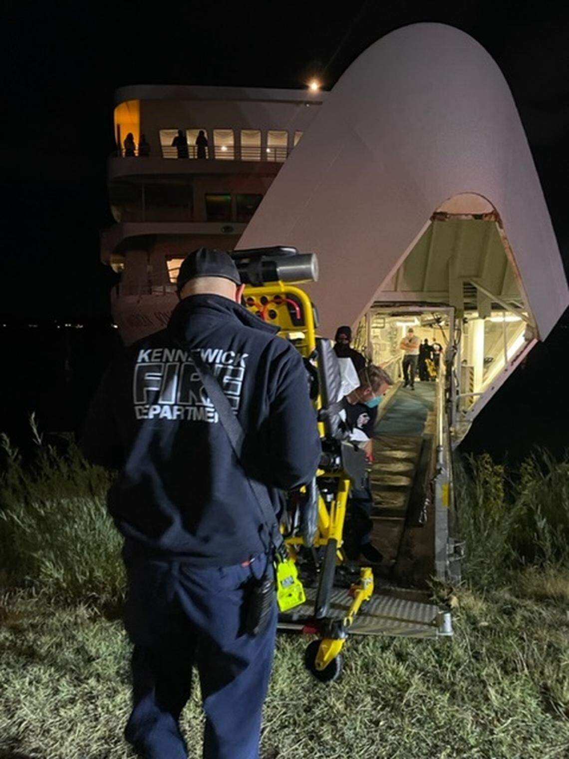 Kennewick firefighters were able to get a patient off of the American Song river cruise ship after the ship parked on the Columbia River.