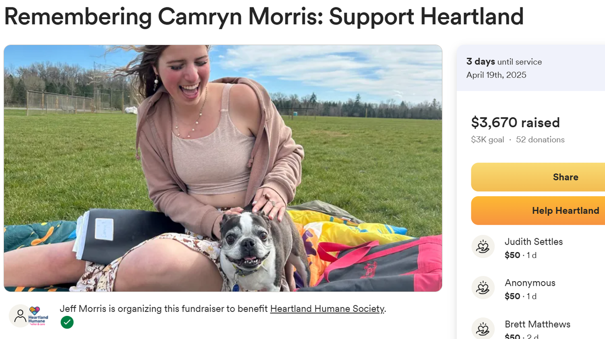 Donations are being accepted for the Heartland Humane Society in honor of Camryn Morris, 19, a Southridge High valedictorian, who died earlier this month.