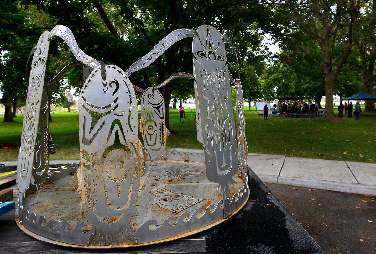 An 8-foot steel sculpture by Lummi Nation member A. Cyaltsa Finkbonner is on display in Sacajawea State Park for the All Our Relations stop in Pasco. The two-week, three state indigenous-led campaign to supporting removal of Snake River dams.