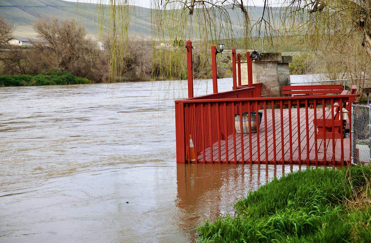 The Yakima River crested just at the top of the deck overlook at the RV park in Benton City. None of the spaces were flooded.
