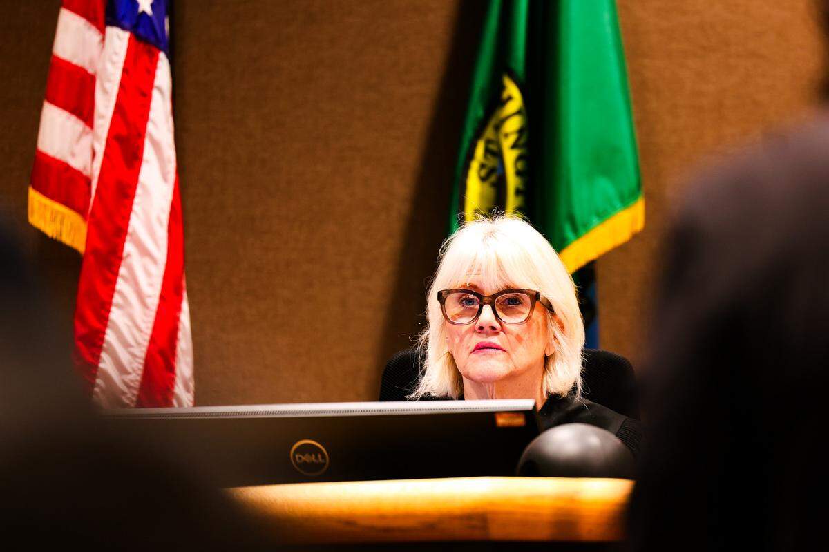 Judge Jacqueline Shea Brown presides over the preliminary appearance of murder suspect Abdullah A. Hussein, 27, in Benton County Superior Court.