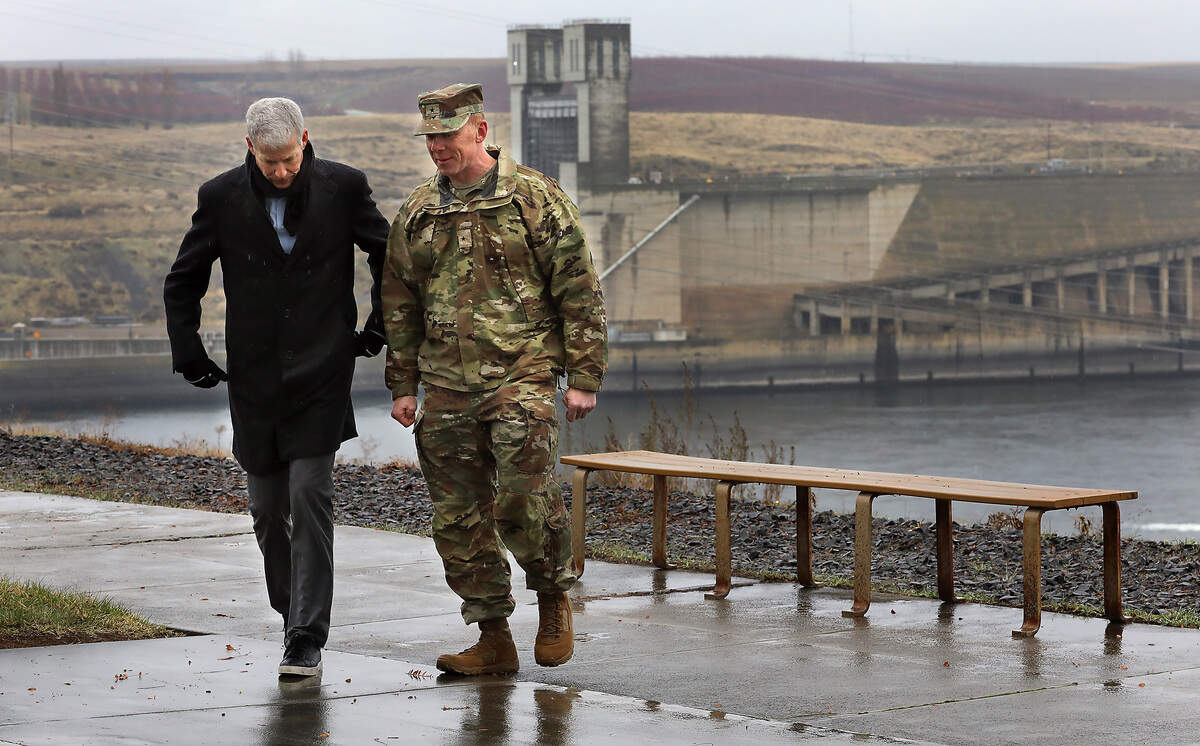 U.S. Secretary of Energy Chris Wright, left, and Brig. Gen. Bill Hannan, commander of Northwestern Division of the U.S. Army Corps of Engineers talk following a news conference at Ice Harbor Dam in Walla Walla County.