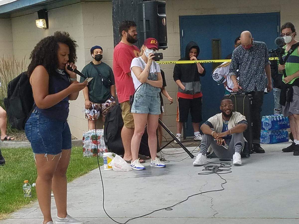 Reka Robinson, with Power 99.1 radio, speaks to some of the 100 people who gathered in Kurtzman Park in Pasco on Saturday to celebrate Juneteenth and the end of slavery in the U.S. The event organized by Black Lives Matters Tri-Cities included speeches, painting, dancing, poetry and more.