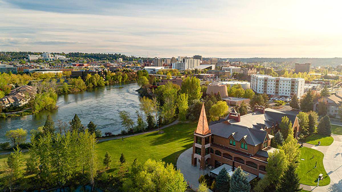 Aerial view of the Gonzaga University campus in Spokane, Wash.