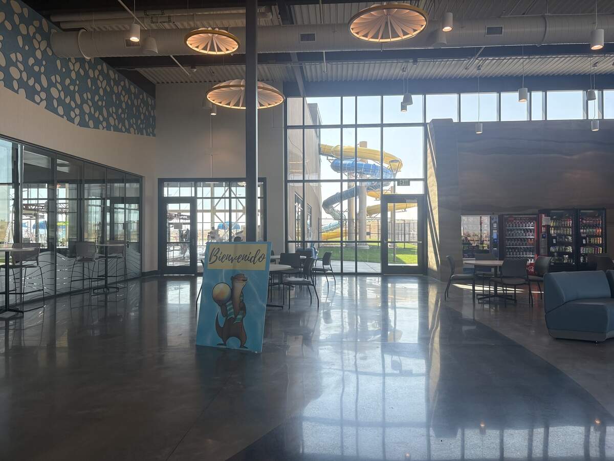 The lobby to the Pasco Aquatic Center has a direct view of the slides, a seating area, four vending machines and a food preparation area complete with a microwave.