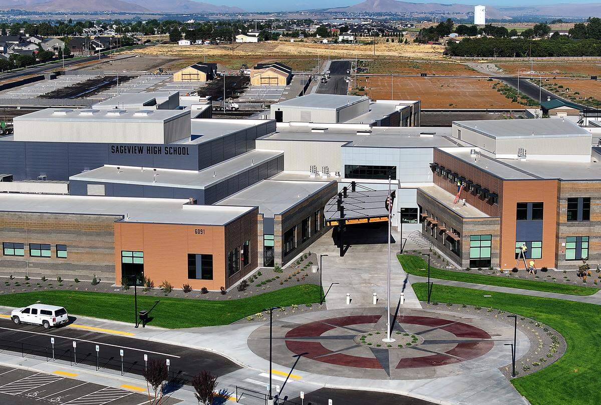 Main entry to Sageview High School at 6091 Burns Road in west Pasco.
