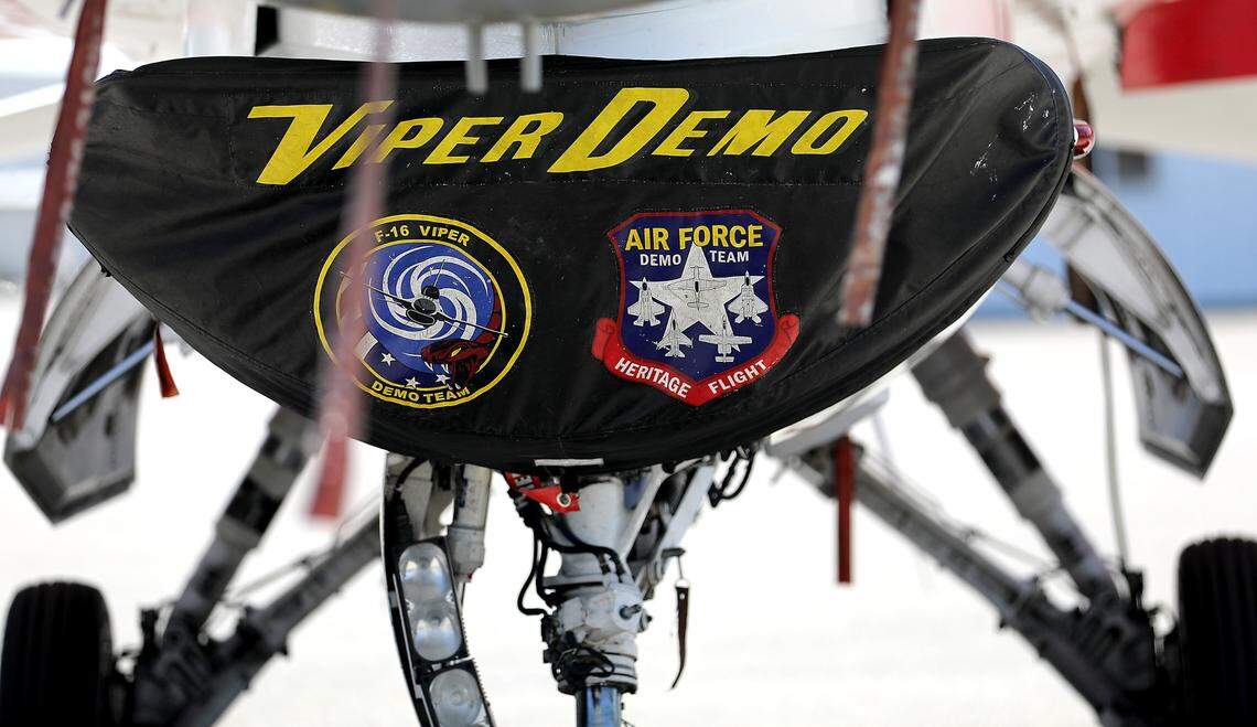 A cover is attached to the engine intake of U.S. Air Force F-16 Viper Demonstration Team’s jet after landing Thursday at the Tri-Cities Airport in Pasco.