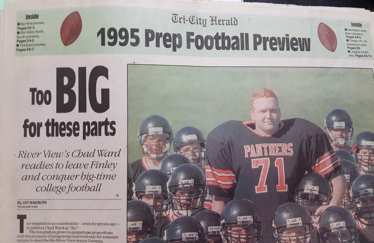 Chad Ward (center) was a man among boys when he played football at River View High School in Finley. He played for the University of Washington from 1997-2000, and will be inducted into the Husky Hall of Fame in October.
