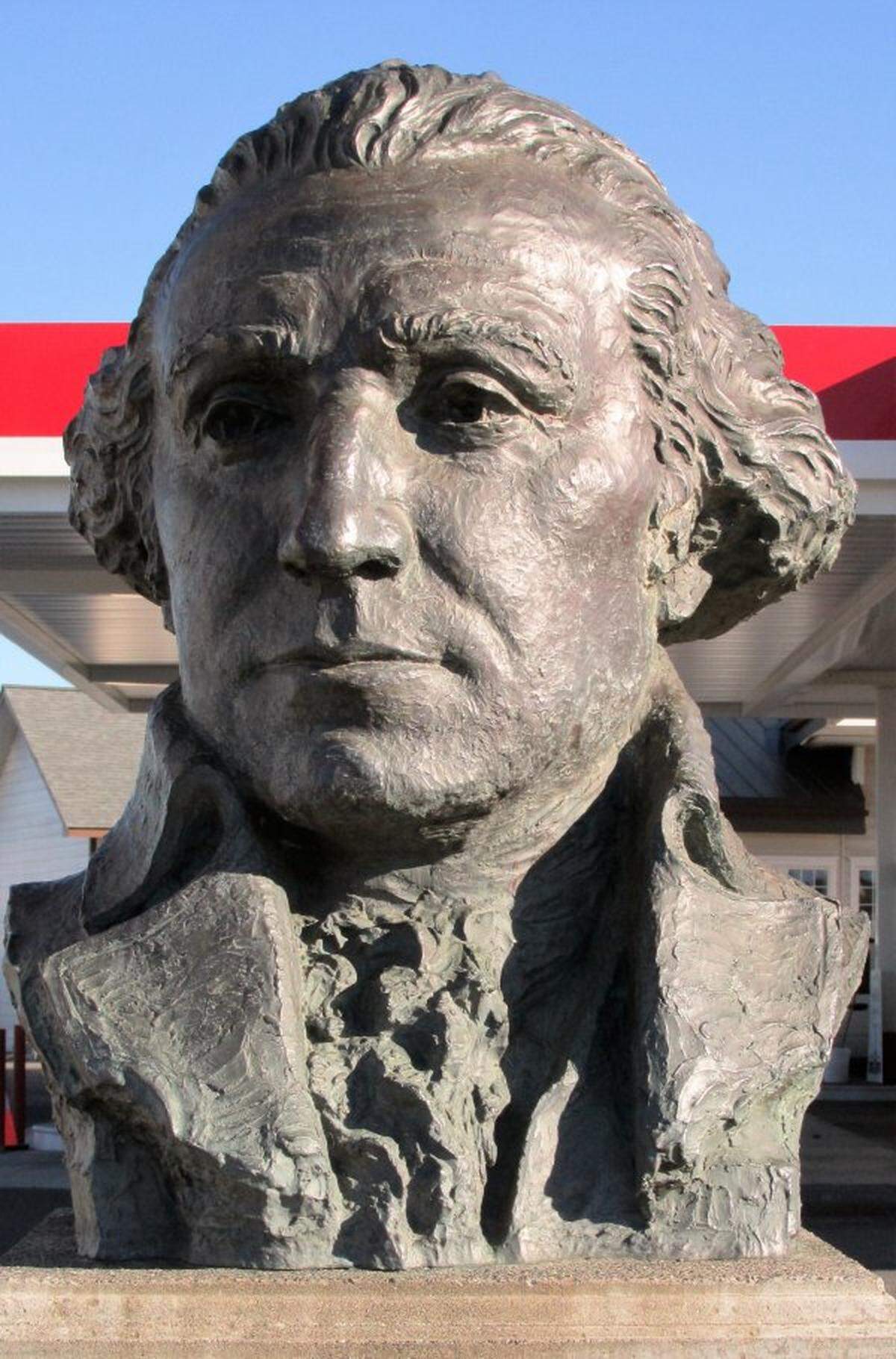 A replica bust of George Washington greets visitors as they enter the city of George, Washington.