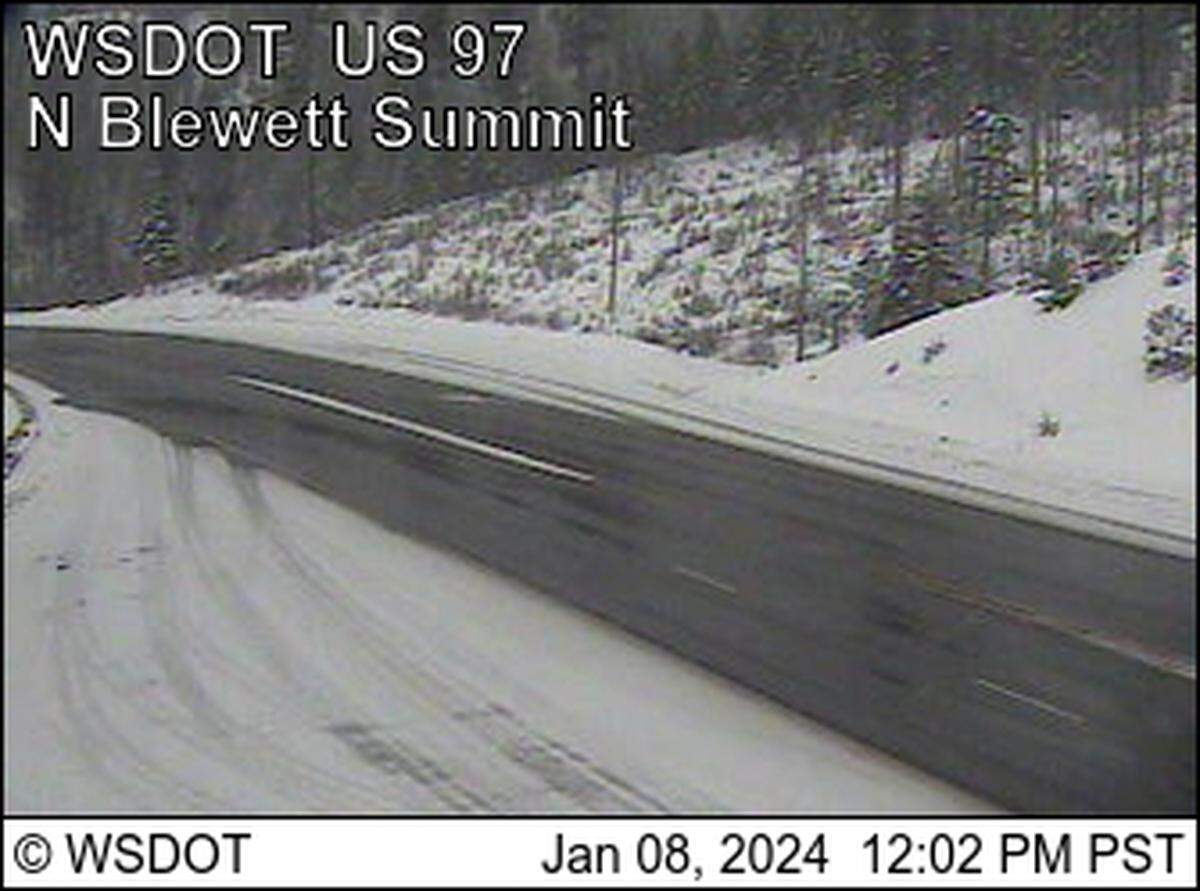 Live camera footage from the Washington State Department of Transportation can be accessed online for updated views of state passes. Shot of US 97 at Blewett Pass Summit (Milepost 163.8) at 12:02 p.m. on Jan. 8, 2024.