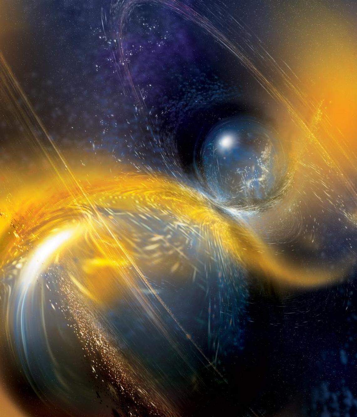 Artist’s rendition of the merger of two neutron stars.