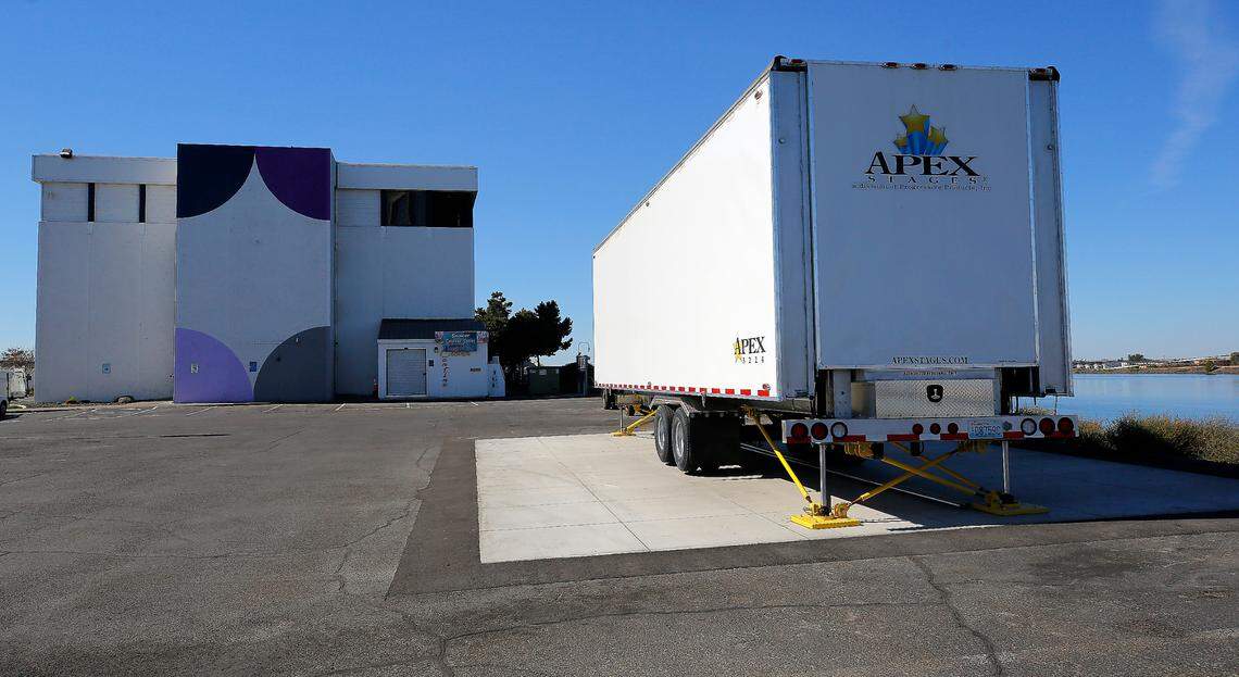 An Apex Stages enclosed trailer stage sits on a concrete pad on Clover Island in Kennewick.
