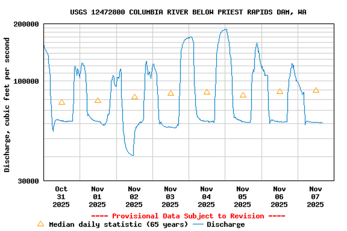 Water surface elevation at Priest Rapids Dam can change as much as 10 vertical feet over a 24-hour period with some dampening of flow occurring farther downstream.