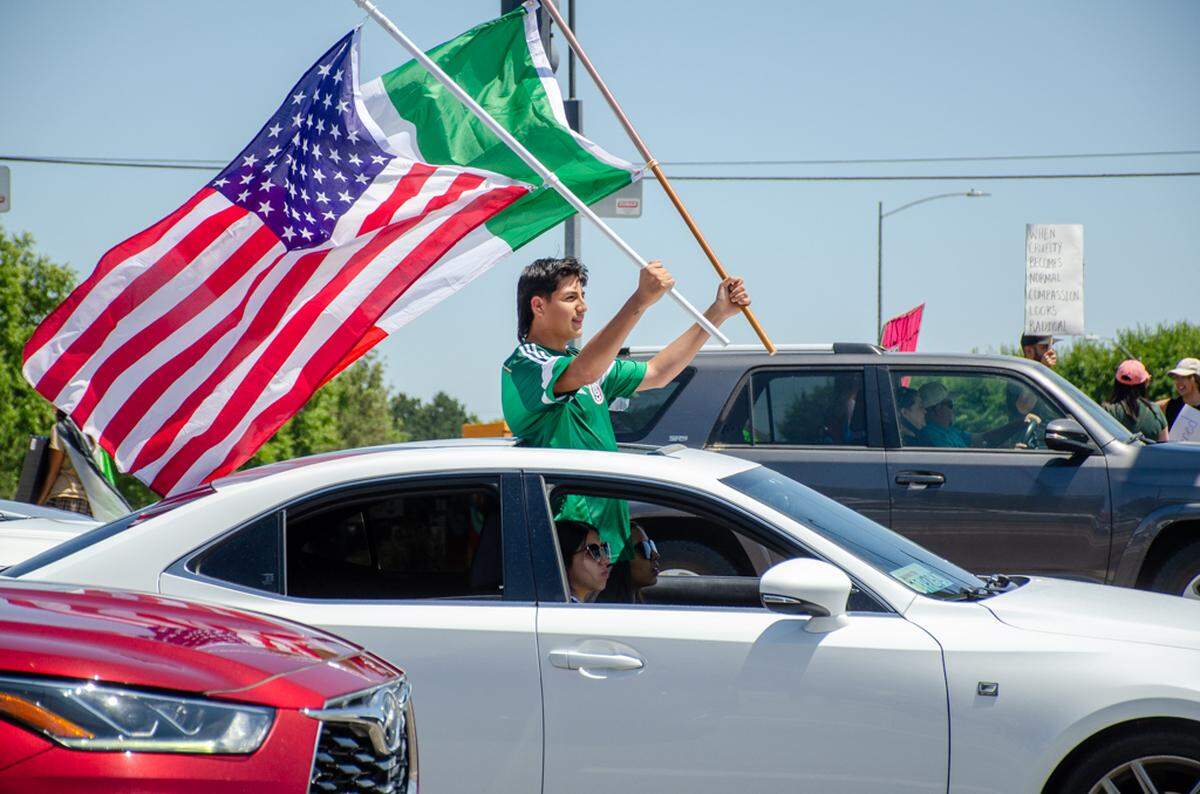 Thousands gathered Saturday, June 14, along Columbia Center Boulevard in Kennewick, Washington, for the nationwide “No Kings” protest. They demonstrated against President Donald Trump’s policies and against arrests made in the Hispanic community by U.S. Immigration and Customs Enforcement, or ICE.