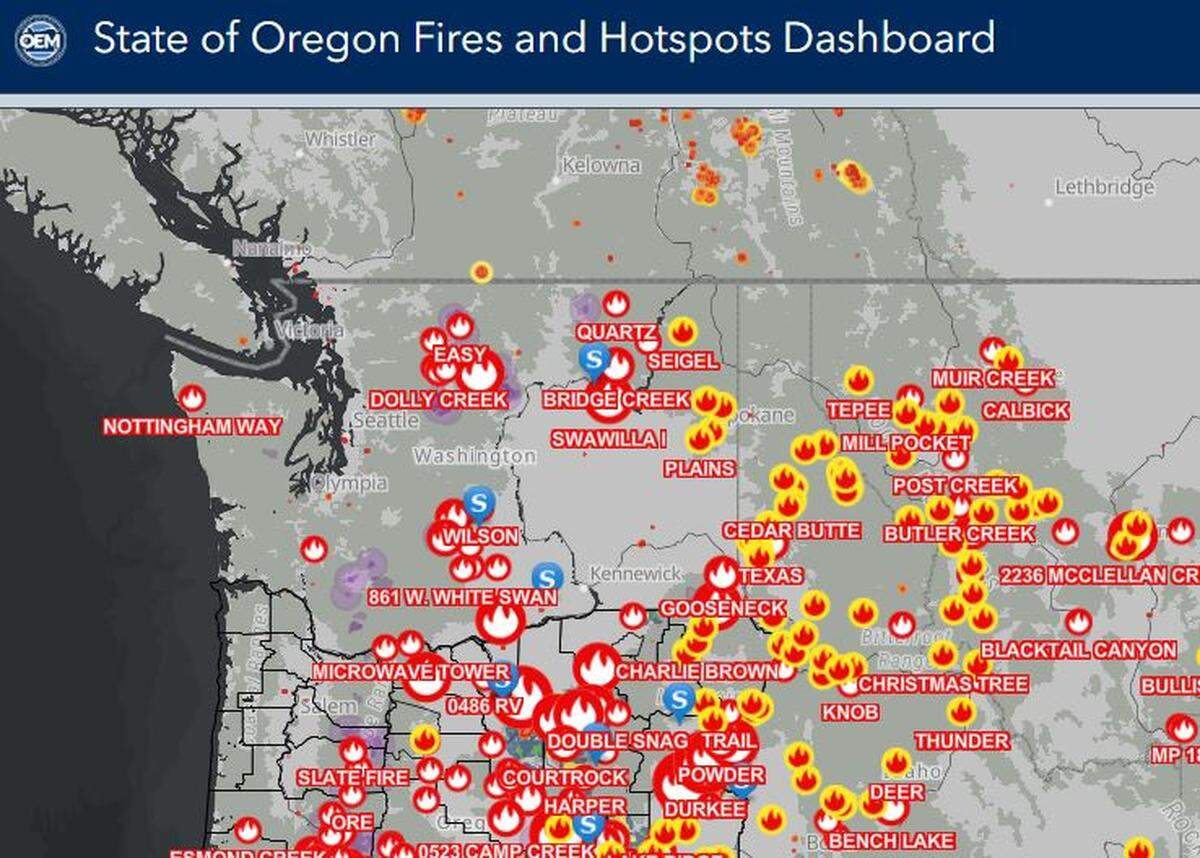 A mapping database from the Oregon Department of Emergency Managements shows fires burning in the Northwest.