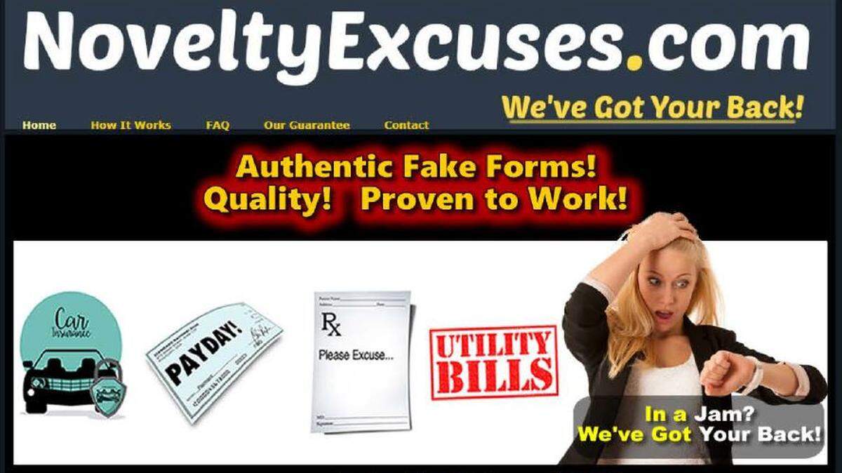 The front page of noveltyexcuses.com, as seen in a screenshot from the Federal Trade Commission’s complaint against the site and its founder, Steven Simmons.