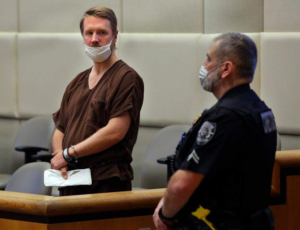 Aaron C. Kelly, 39, appears Wednesday Feb. 23, 2022 in Benton County Superior Court on charges he killed one and wounded another on Feb. 7, 2022 inside the Richland Fred Meyer store.