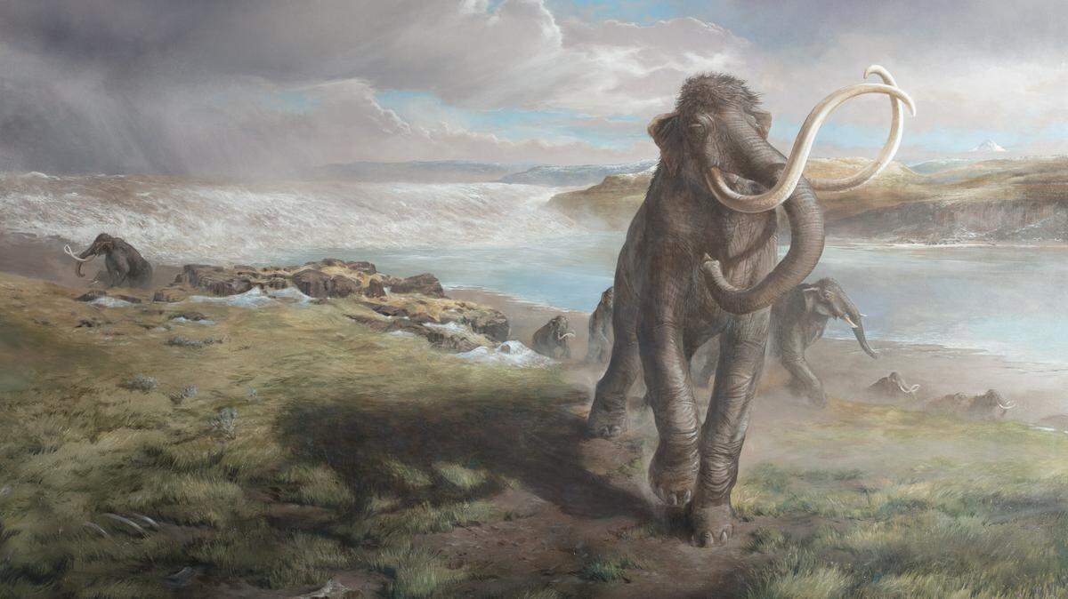 Mammoths flee the Ice Age floods in an acrylic painting by artist Stev Ominski, copyright 2007.