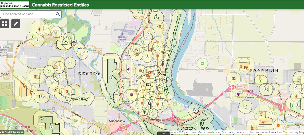 Washington law bans cannabis businesses in buffer zones around schools, playgrounds and other facilities. Most, but not all, of Richland is off limits thanks to buffer zones.
