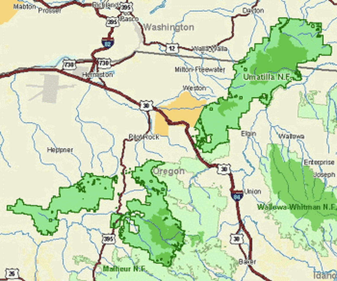 The Umatilla National Forest extends into southeast Washington.