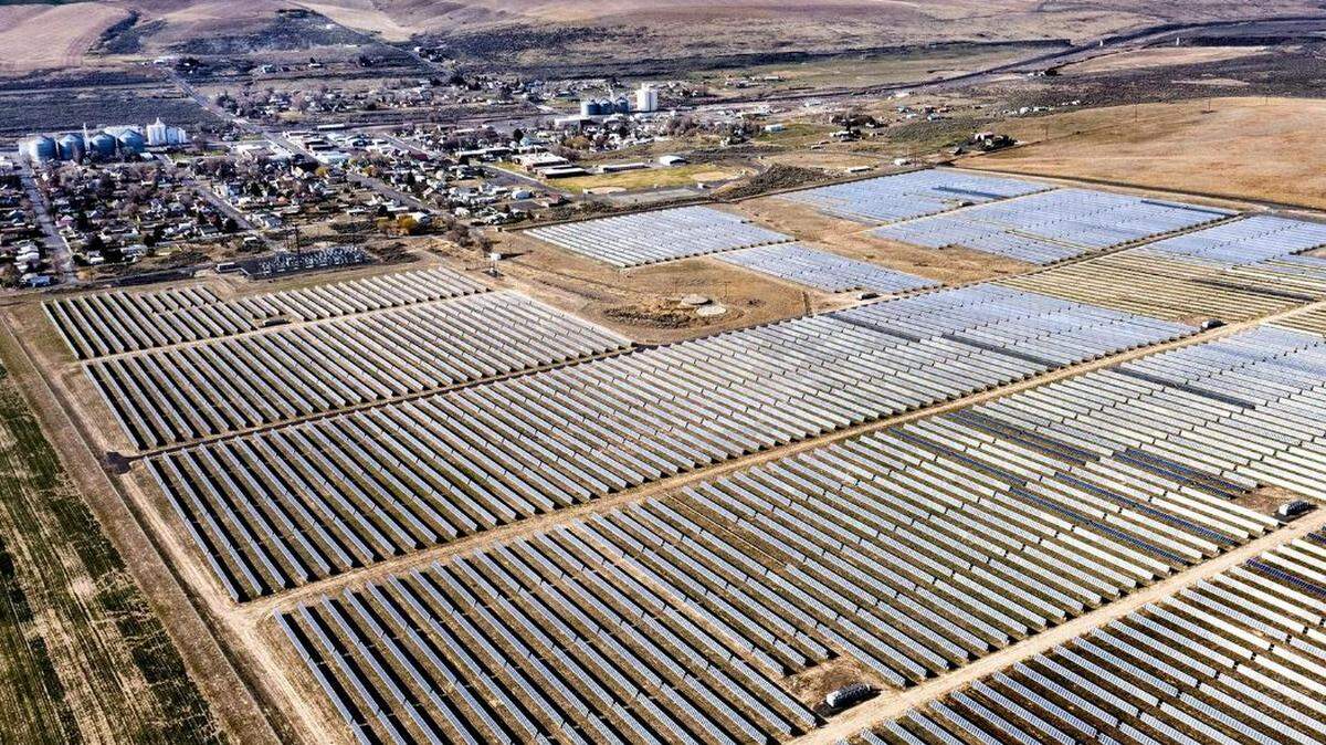 The Adams Nielson solar farm sits next to the town of Lind, Adams County. It produces 28 megawatts of electricity from its 200 acres of solar panels, enough to power 4,000 homes.