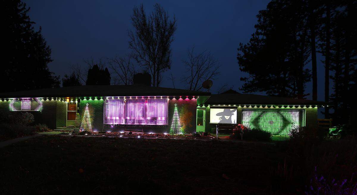 The Wicked-themed dancing lights and video display covering Amy and Jacob Gowey's house at 8001 W. 10th Ave. in west Kennewick are synchronized to music broadcast over a  radio tranmitter tuned to FM 97.5.