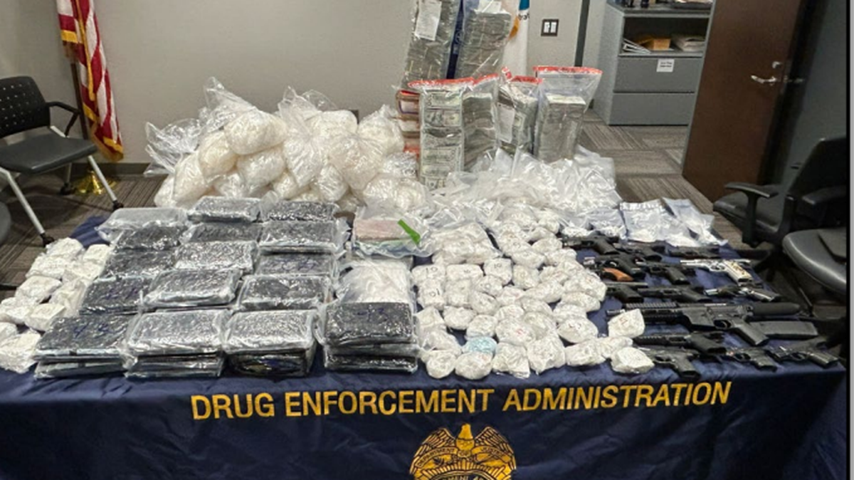 More than 164 pounds of powdered fentanyl, more than 200 pounds of methamphetamine and 16 firearms were seized at residences across the Tri-Cities on March 3, 2026. It was the largest seizure of illicit drugs in the history of the Eastern Washington District Attorney’s Office. Some of what was seized is shown.